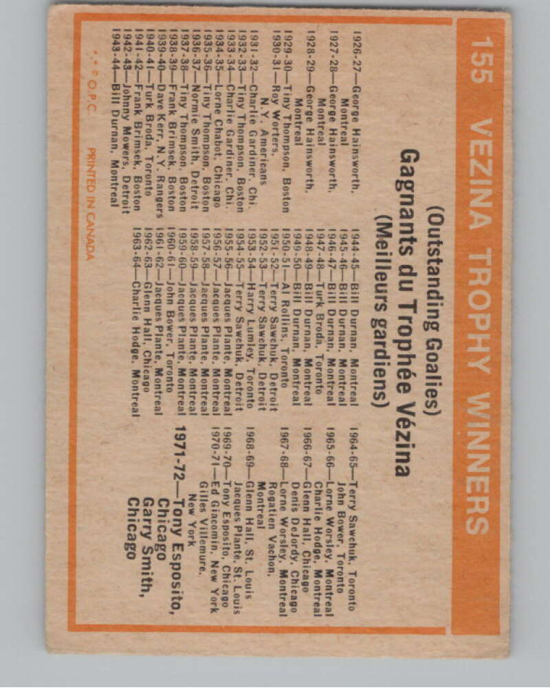 1972-73 O-Pee-Chee #155 Vezina Trophy Winners   V104527 Image 2