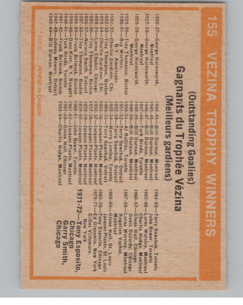 1972-73 O-Pee-Chee #155 Vezina Trophy Winners   V104528 Image 2