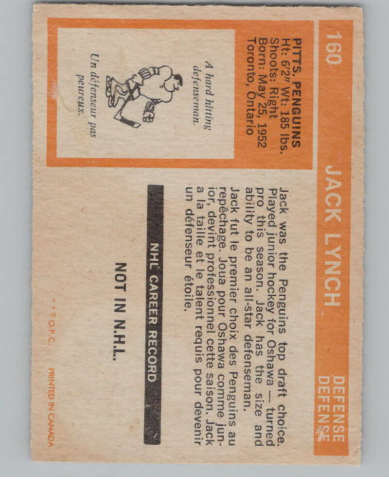1972-73 O-Pee-Chee #160 Jack Lynch  RC Rookie Pittsburgh Penguins  V104532 Image 2