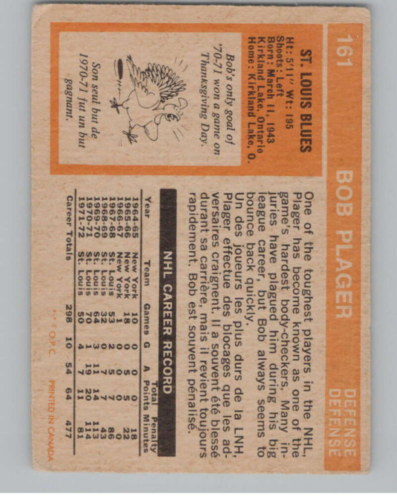 1972-73 O-Pee-Chee #161 Bob Plager  St. Louis Blues  V104533 Image 2