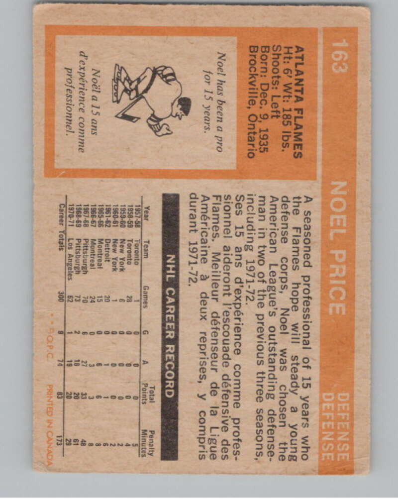 1972-73 O-Pee-Chee #163 Noel Price  Atlanta Flames  V104536 Image 2