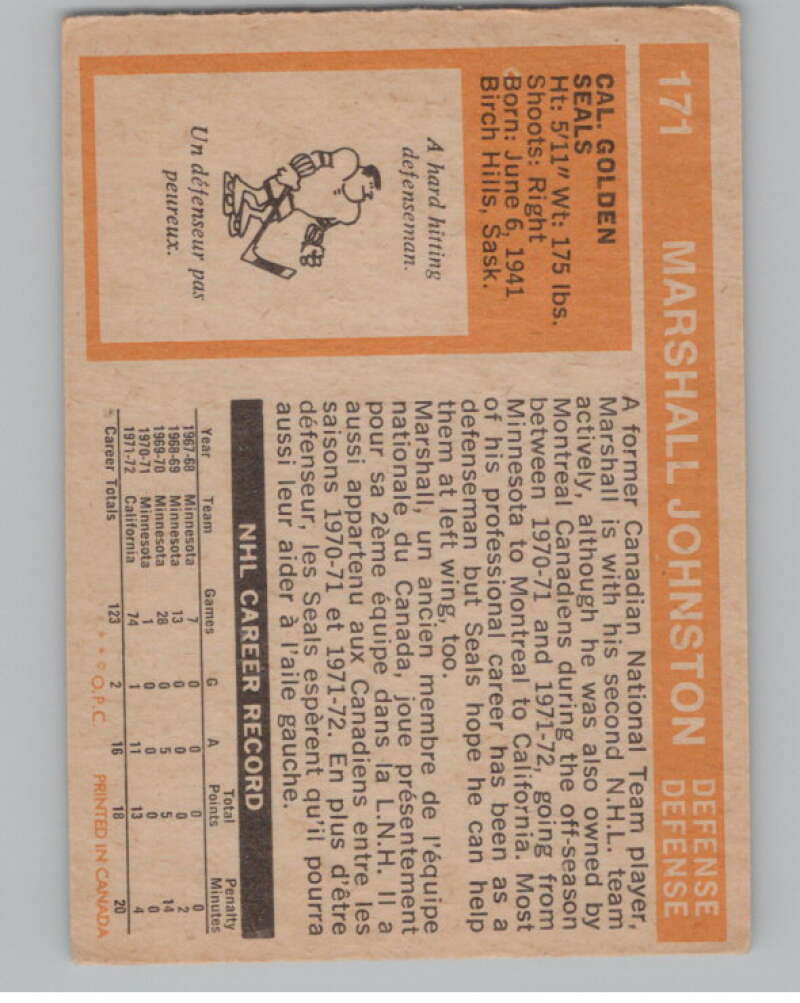 1972-73 O-Pee-Chee #171 Marshall Johnston RC Rookie Seals  V104540 Image 2