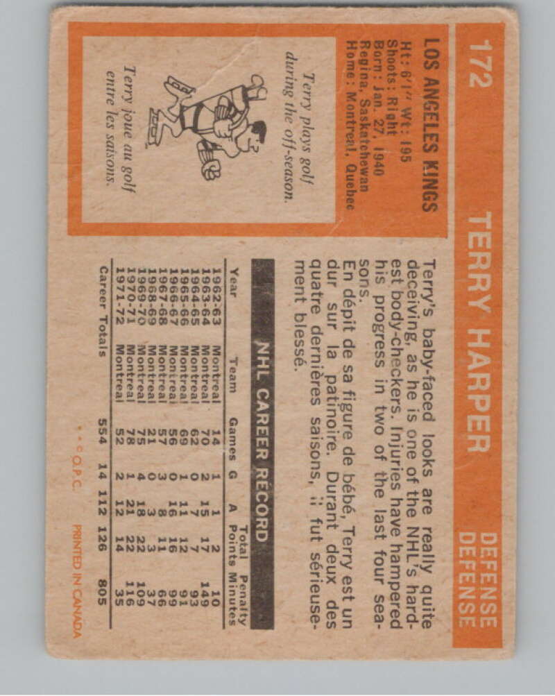 1972-73 O-Pee-Chee #172 Terry Harper  Los Angeles Kings  V104541 Image 2