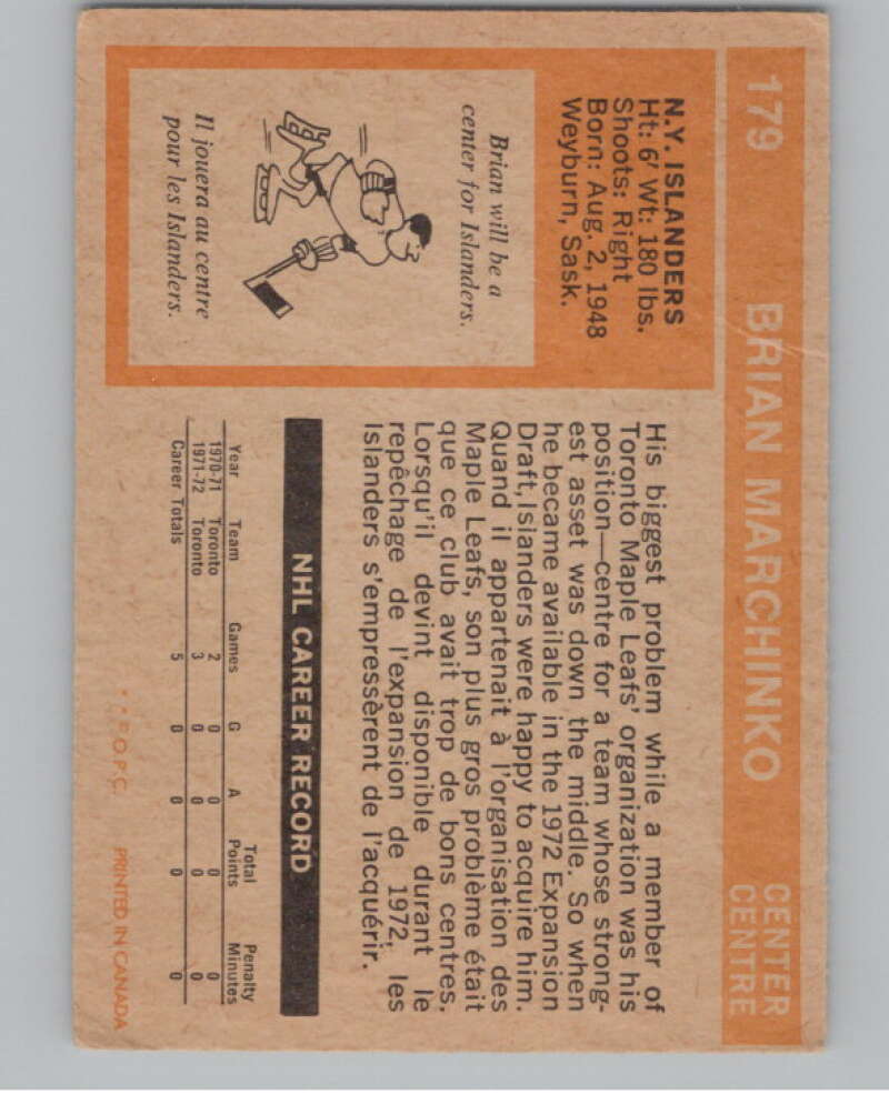 1972-73 O-Pee-Chee #179 Brian Marchinko RC Rookie New York  V104545 Image 2