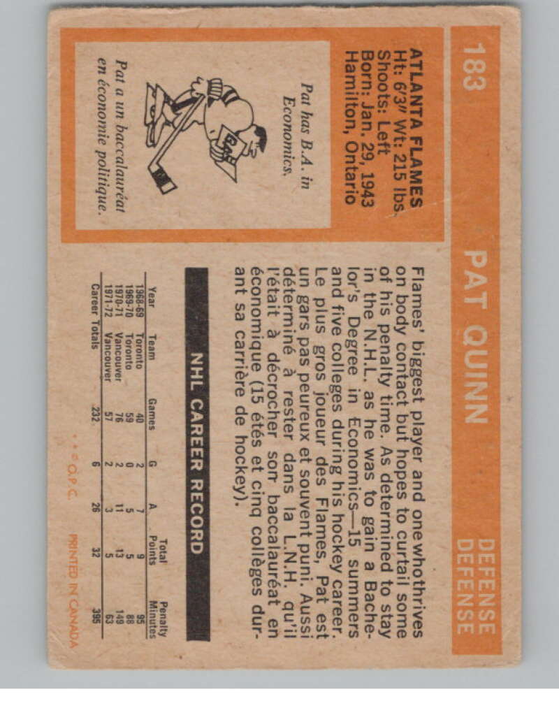 1972-73 O-Pee-Chee #183 Pat Quinn  Atlanta Flames  V104550 Image 2