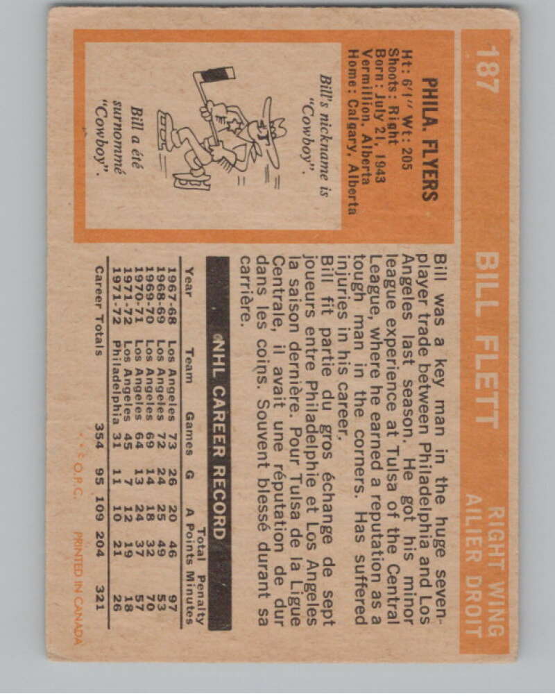 1972-73 O-Pee-Chee #187 Bill Flett  Philadelphia Flyers  V104553 Image 2