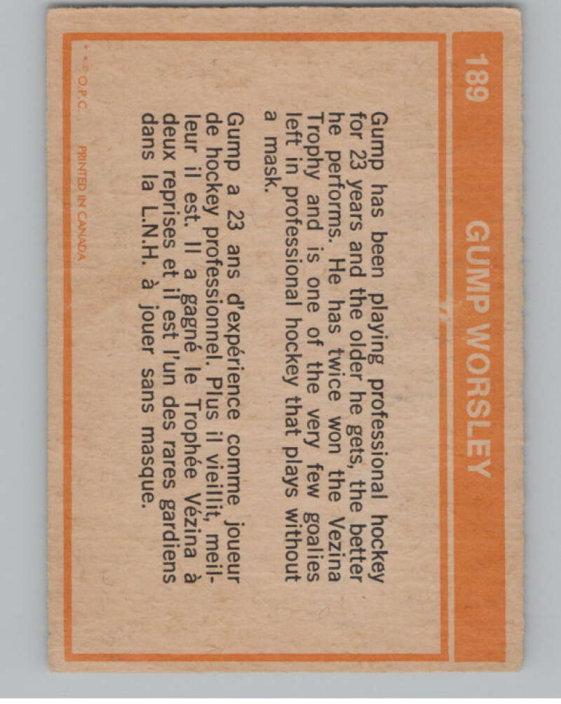 1972-73 O-Pee-Chee #189 Gump Worsley  Minnesota North Stars  V104554 Image 2