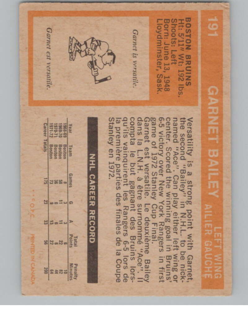 1972-73 O-Pee-Chee #191 Ace Bailey  Boston Bruins  V104557 Image 2