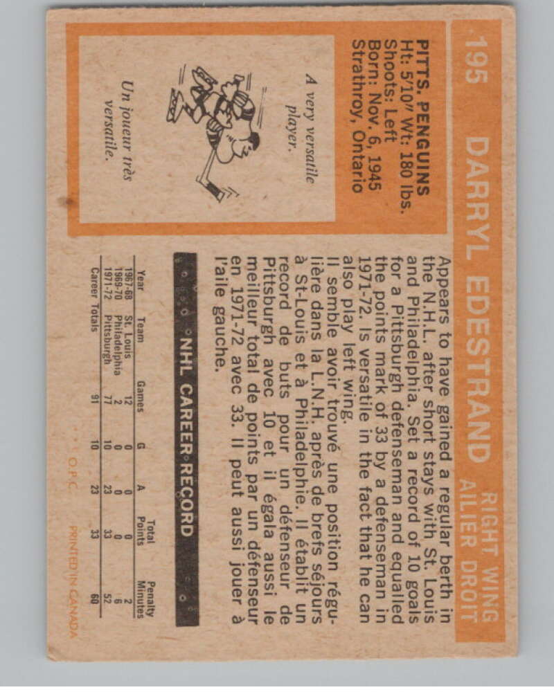 1972-73 O-Pee-Chee #195 Darryl Edestrand  Pittsburgh Penguins  V104558 Image 2
