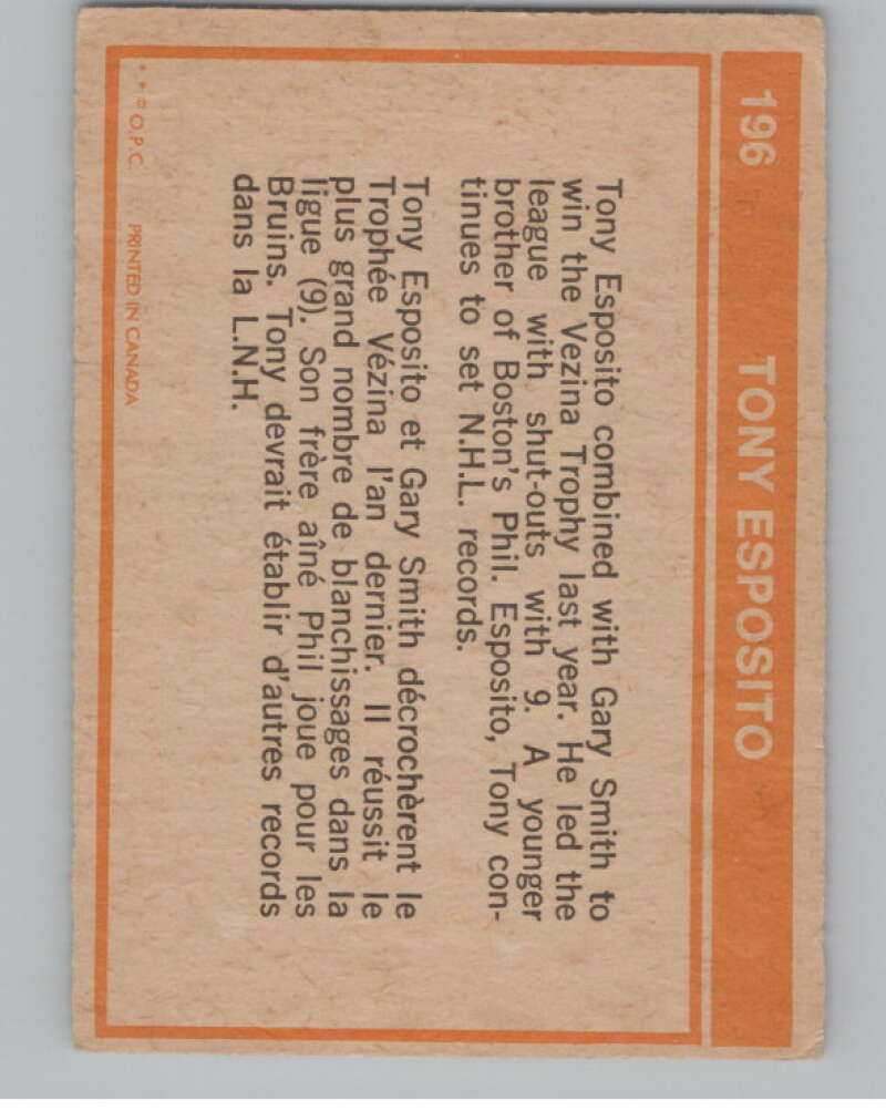 1972-73 O-Pee-Chee #196 Tony Esposito  Chicago Blackhawks  V104559 Image 2