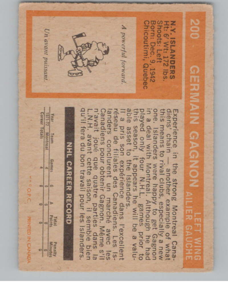 1972-73 O-Pee-Chee #200 Germain Gagnon RC Rookie New York  V104562 Image 2