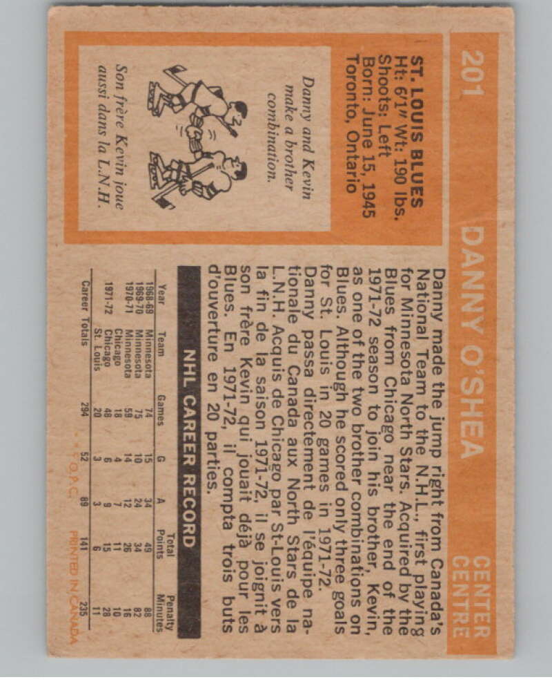 1972-73 O-Pee-Chee #201 Danny O'Shea  St. Louis Blues  V104563 Image 2
