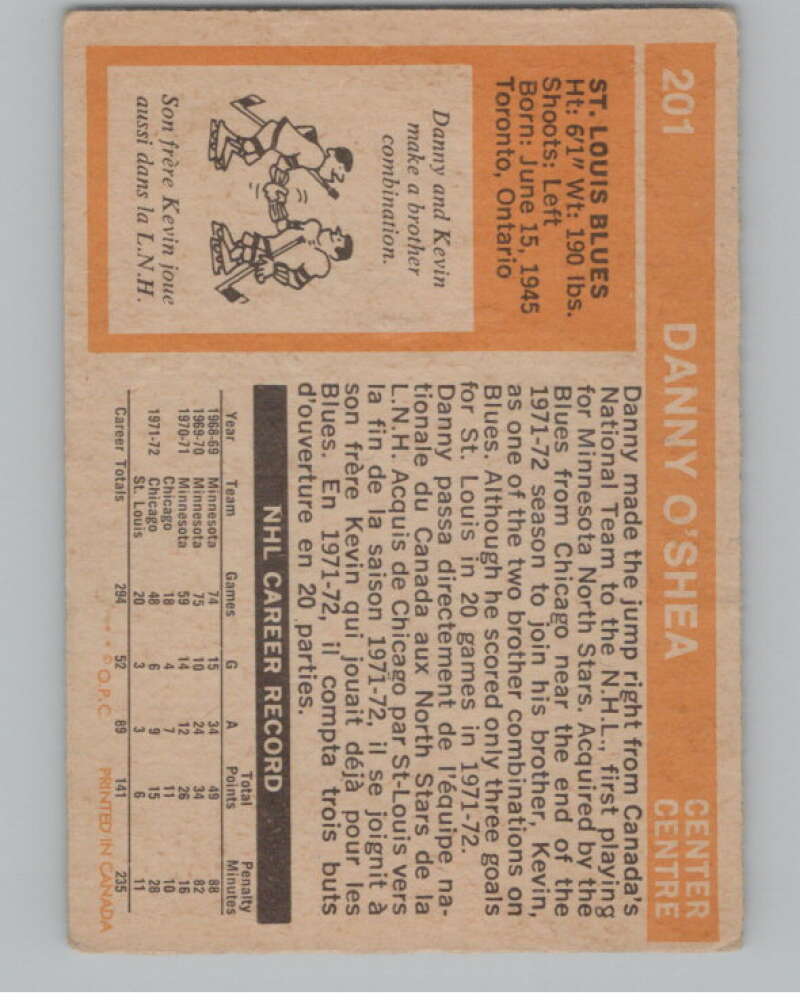 1972-73 O-Pee-Chee #201 Danny O'Shea  St. Louis Blues  V104564 Image 2