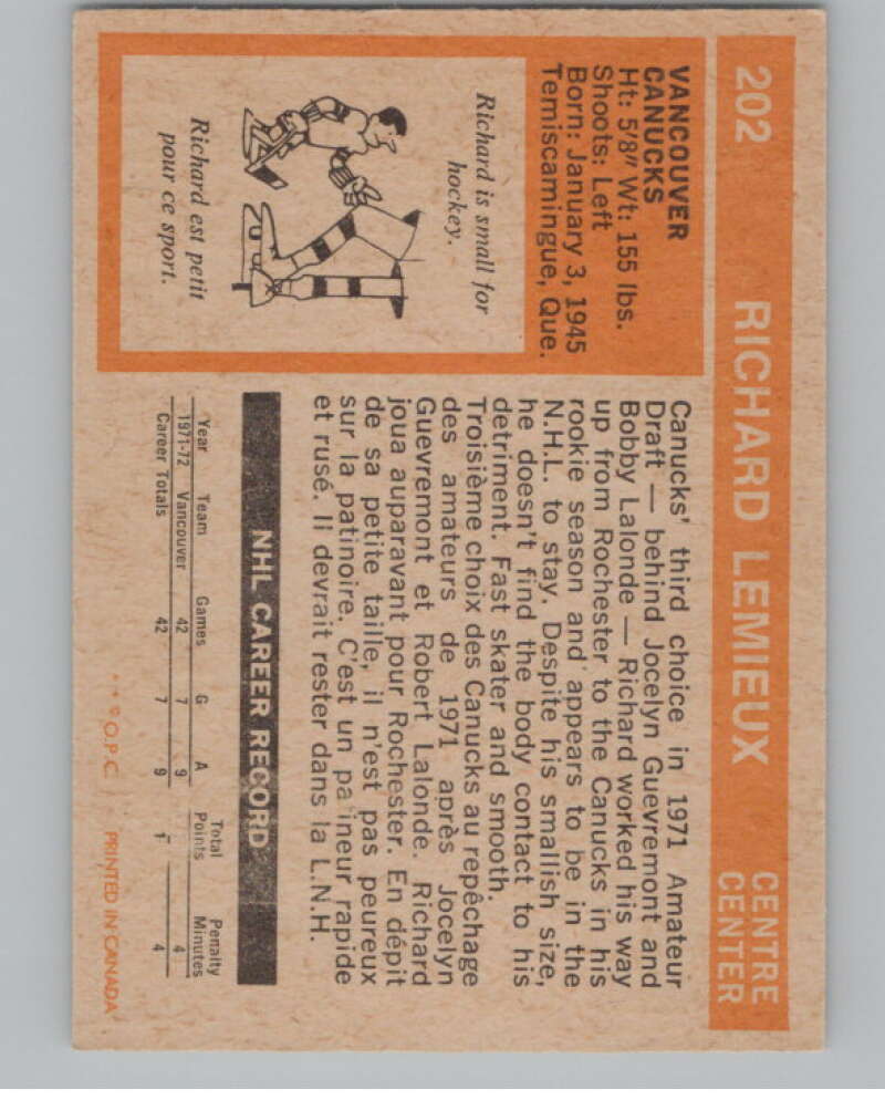 1972-73 O-Pee-Chee #202 Richard Lemieux RC Rookie Vancouver Canucks  V104565 Image 2