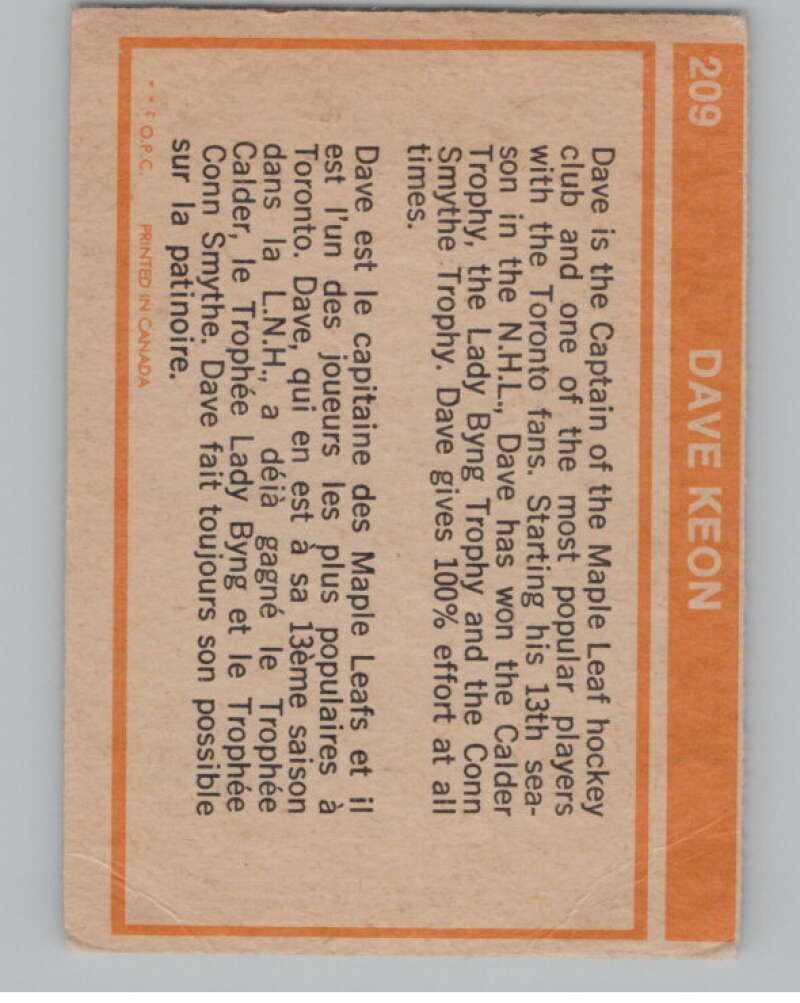 1972-73 O-Pee-Chee #209 Dave Keon  Toronto Maple Leafs  V104567 Image 2