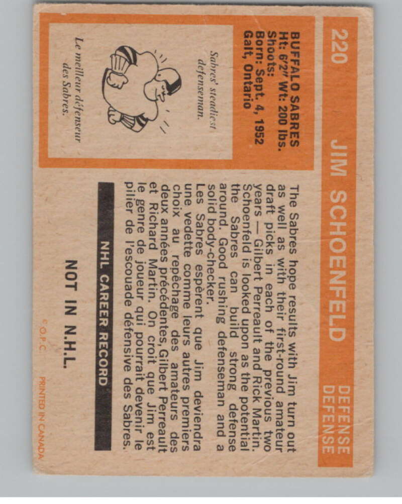 1972-73 O-Pee-Chee #220 Jim Schoenfeld  RC Rookie Buffalo Sabres  V104571 Image 2