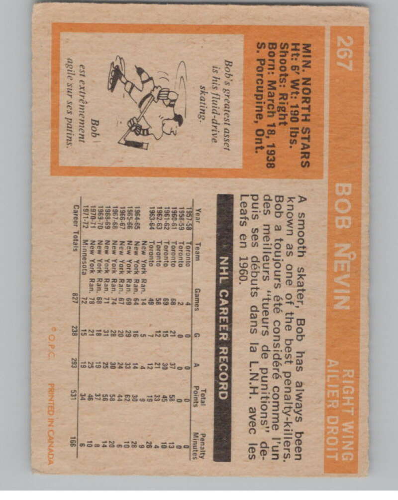 1972-73 O-Pee-Chee #267 Bob Nevin  Minnesota North Stars  V104577 Image 2