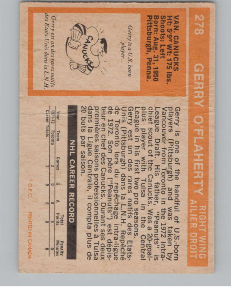 1972-73 O-Pee-Chee #278 Gerry O'Flaherty  RC Rookie Vancouver Canucks  V104578 Image 2