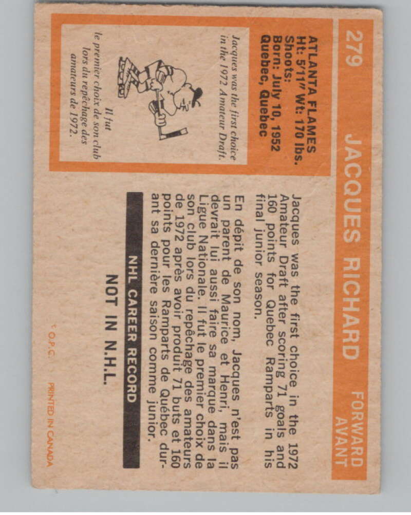 1972-73 O-Pee-Chee #279 Jacques Richard  RC Rookie Atlanta Flames  V104579 Image 2