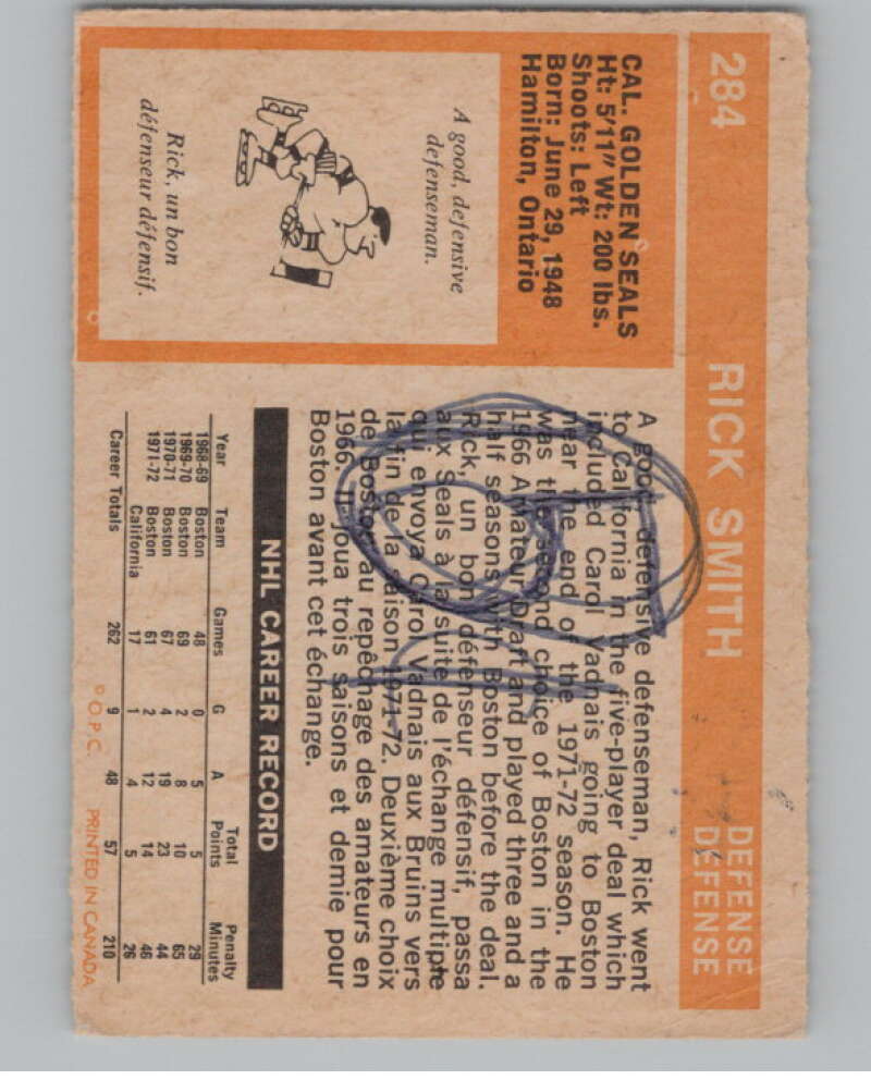 1972-73 O-Pee-Chee #284 Rick Smith  California Golden Seals  V104580 Image 2