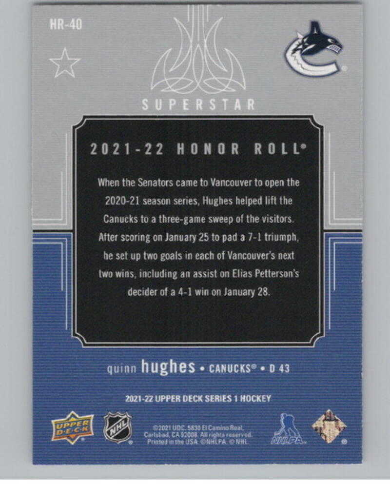 2021-22 Upper Deck Honor Roll #HR40 Quinn Hughes Hockey V104585 Image 2