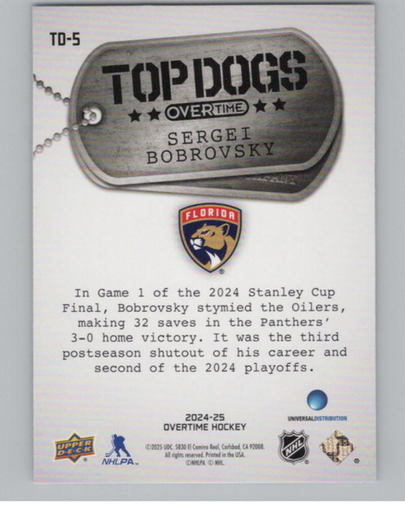 2024-25 Upper Deck Overtime Top Dogs #TD5 Sergei Bobrovsky Hockey V104587 Image 2