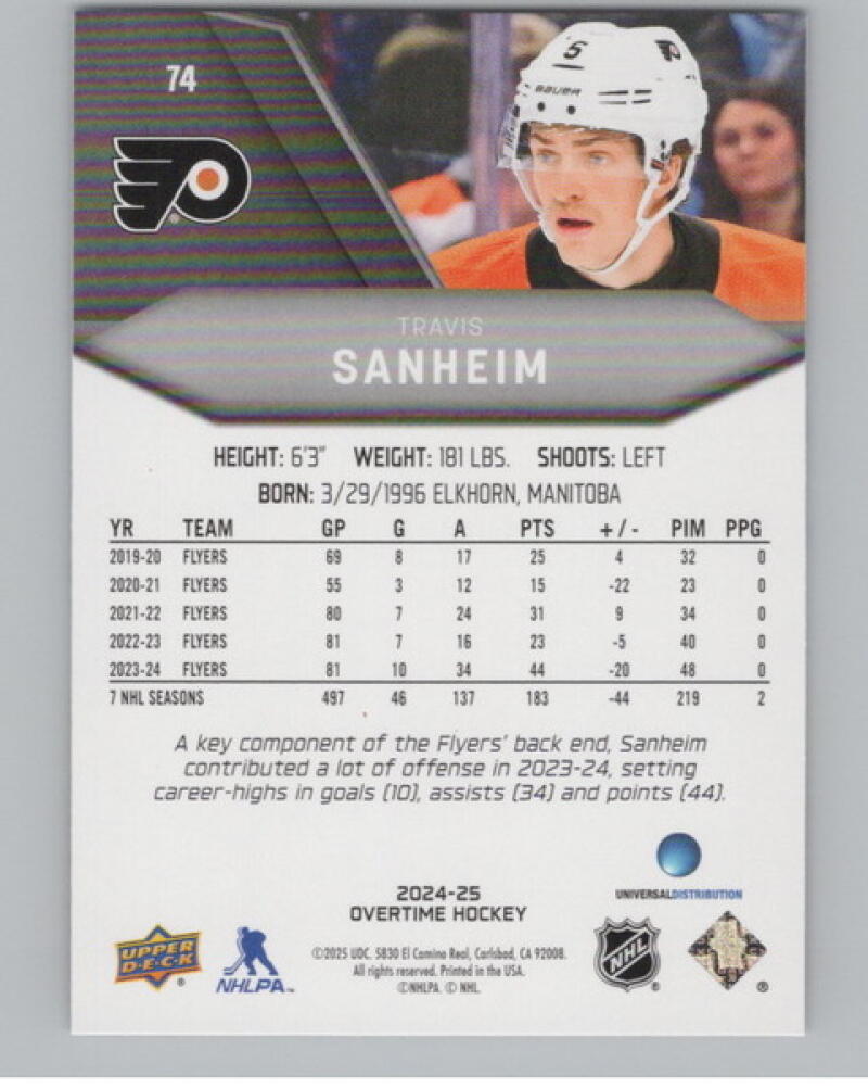 2024-25 Upper Deck Overtime Red Foil #74 Travis Sanheim Hockey V104594 Image 2