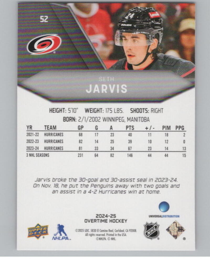 2024-25 Upper Deck Overtime Red Foil #52 Seth Jarvis Hockey V104596 Image 2