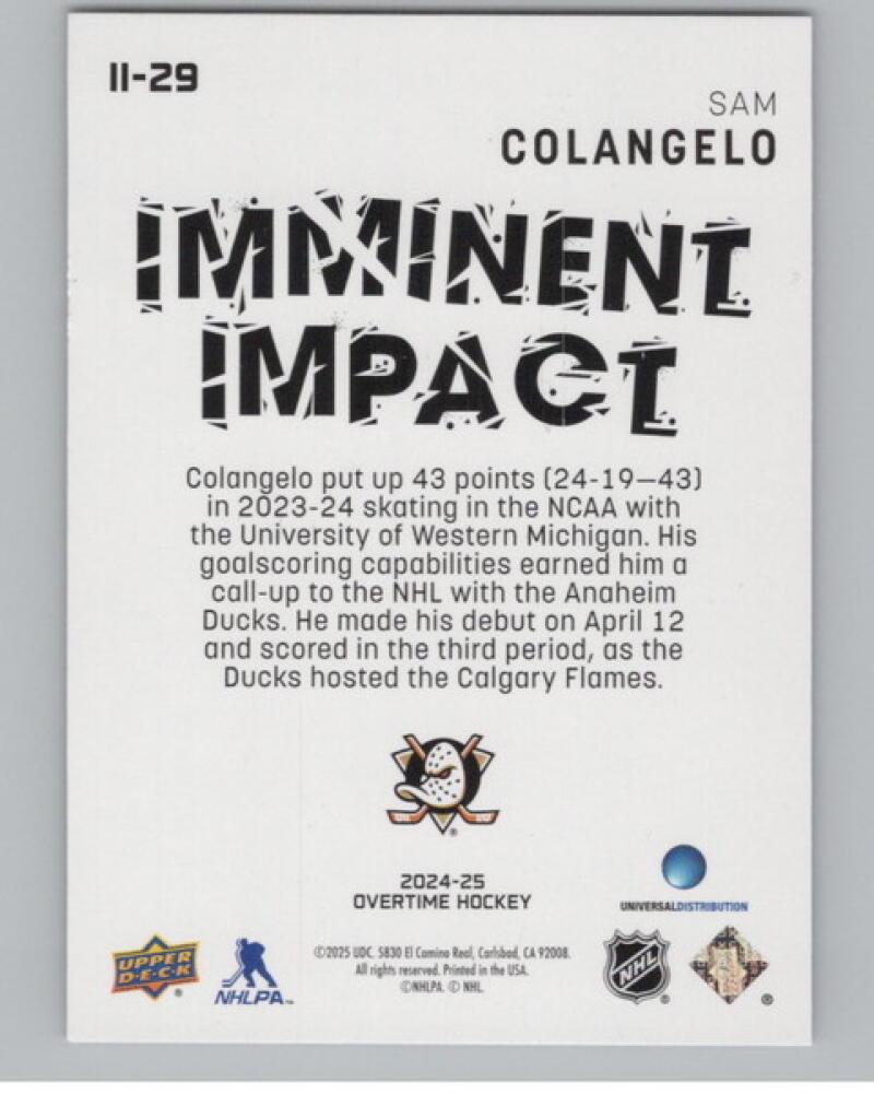 2024-25 Upper Deck Overtime Imminent Impact #II29 Sam Colangelo Hockey V104599 Image 2