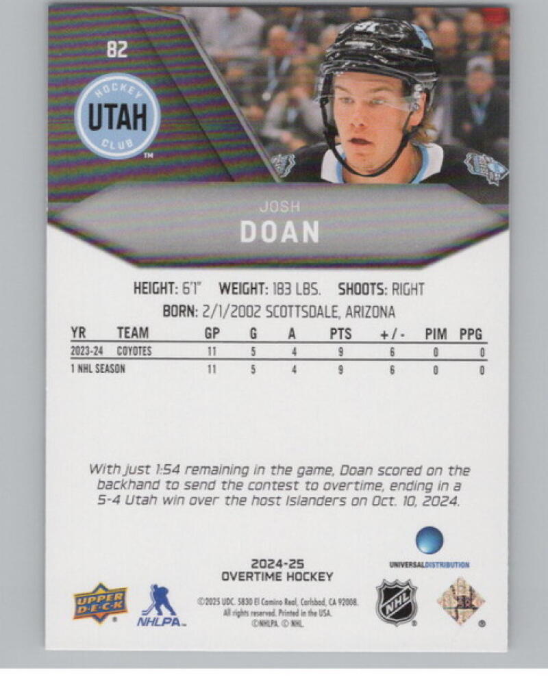 2024-25 Upper Deck Overtime #82 Josh Doan RC Rookie V104621 Image 2