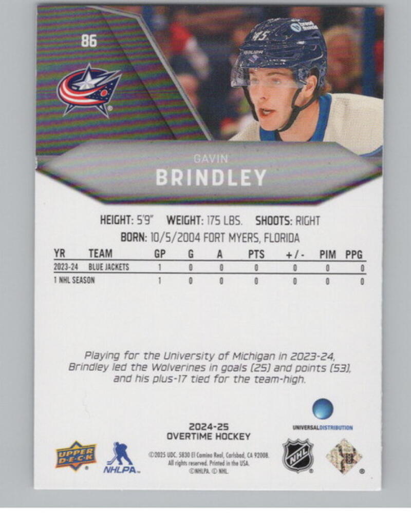 2024-25 Upper Deck Overtime #86 Gavin Brindley RC Rookie V104623 Image 2