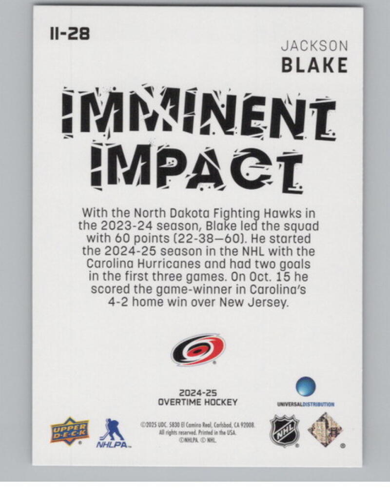 2024-25 Upper Deck Overtime Imminent Impact #II28 Jackson Blake V104624 Image 2