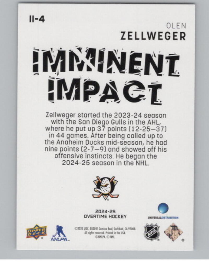 2024-25 Upper Deck Overtime Imminent Impact #II4 Olen Zellweger V104626 Image 2
