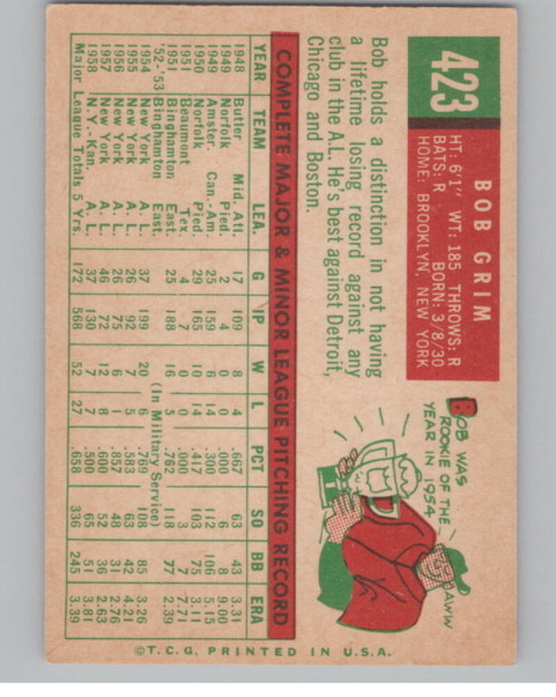 1959 Topps #423 Bob Grim Baseball Vintage Card V104652 Image 2