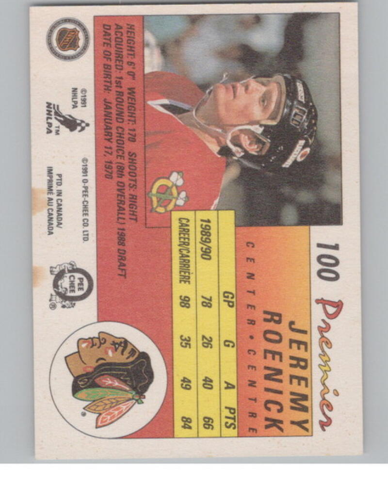 1990-91 OPC Premier #100 Jeremy Roenick RC Rookie V104662 Image 2