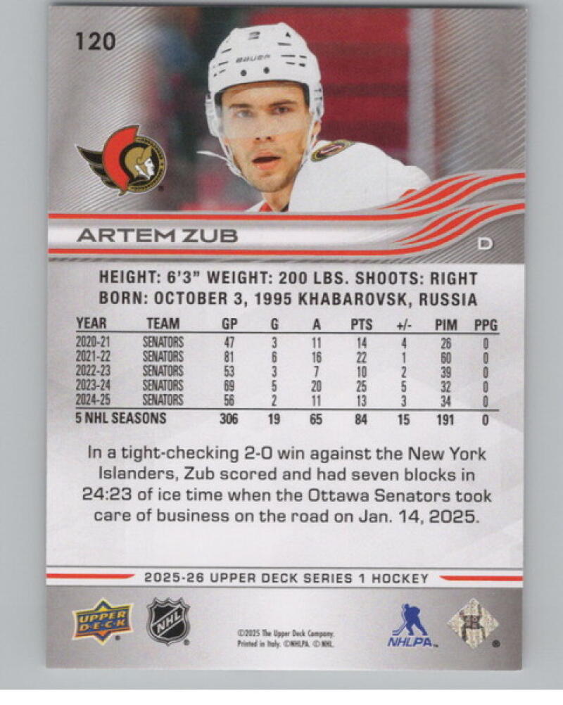 2025-26 Upper Deck Exclusives #120 Artem Zub 59/100 UD V104667 Image 2