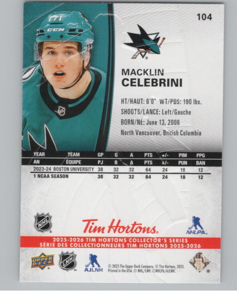 2025-26 Upper Deck Tim Hortons #104 Macklin Celebrini Sharks V104668 Image 2
