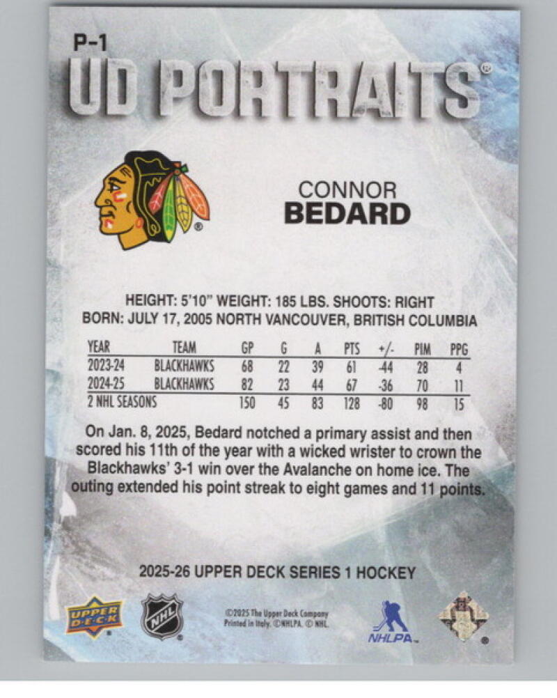 2025-26 Upper Deck UD Portraits #P1 Connor Bedard V104677 Image 2