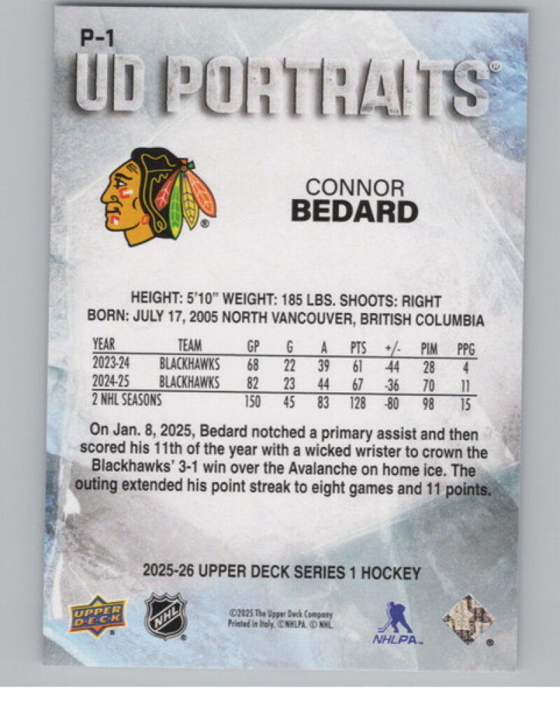 2025-26 Upper Deck UD Portraits #P1 Connor Bedard V104678 Image 2