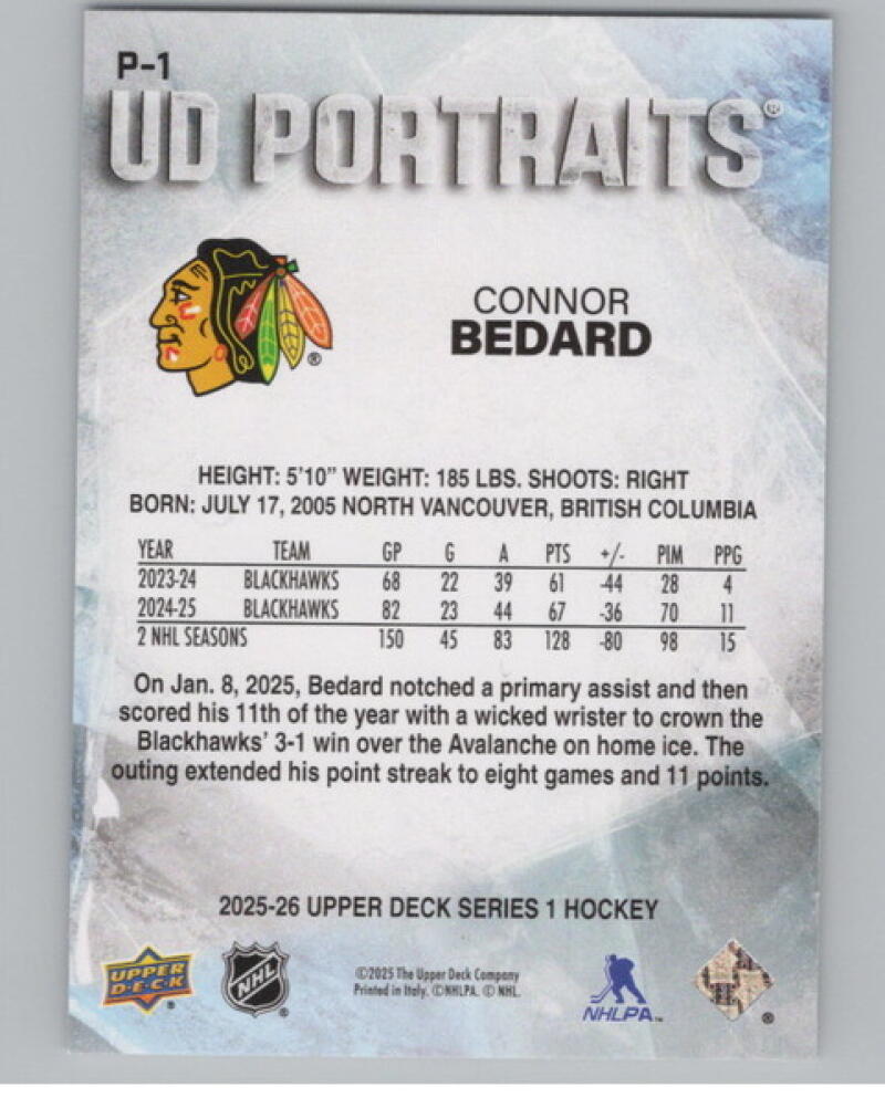 2025-26 Upper Deck UD Portraits #P1 Connor Bedard V104679 Image 2