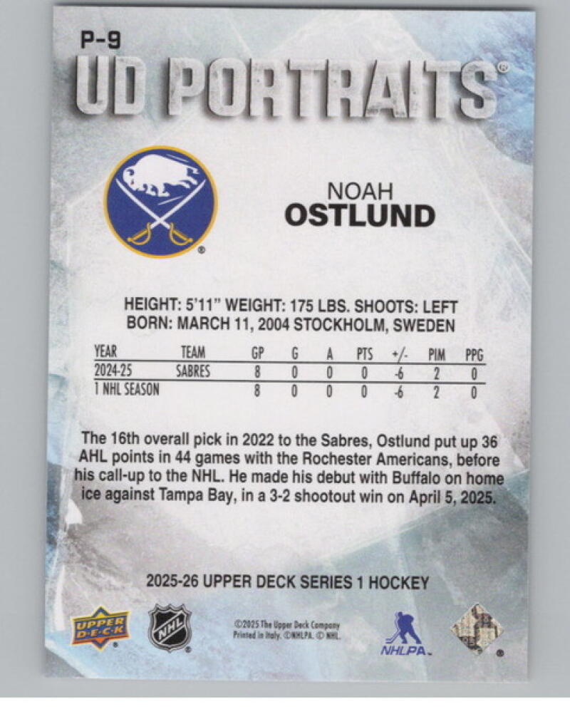 2025-26 Upper Deck UD Portraits #P9 Noah Ostlund V104682 Image 2