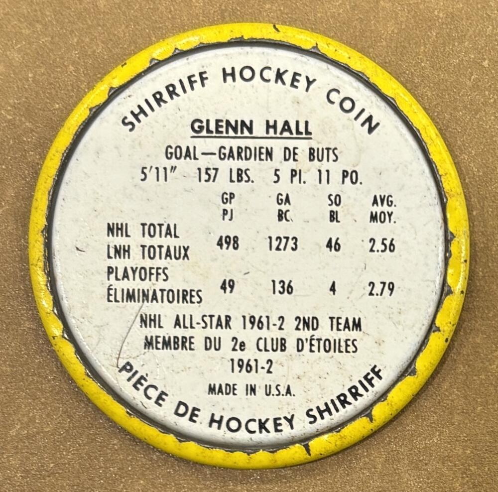 1962-63 Shirriff Coins #49 Glenn Hall AS Hockey Coin Vintage V104690 Image 2