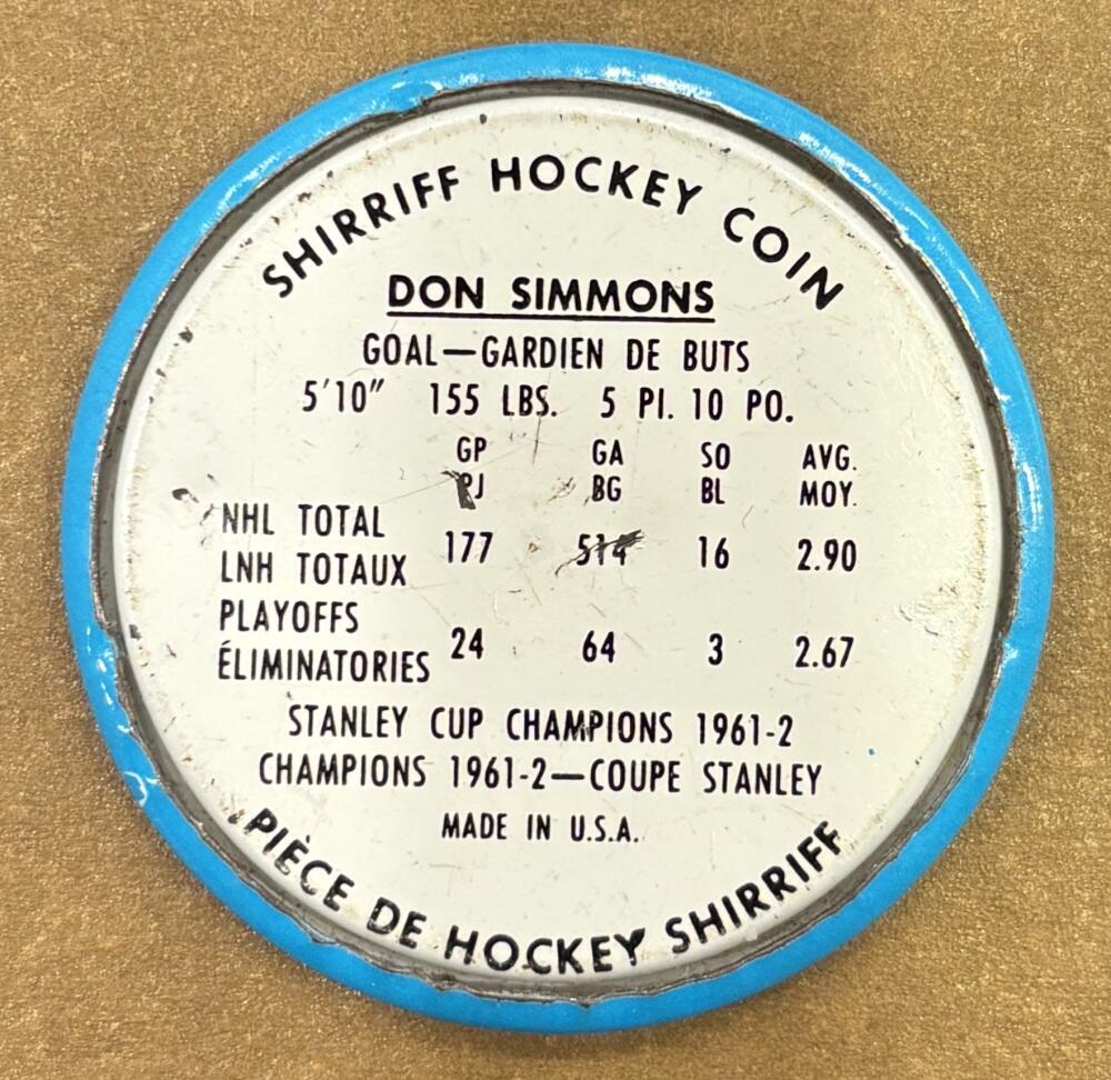 1962-63 Shirriff Coins #22 Don Simmons Hockey Coin Vintage V104693 Image 2