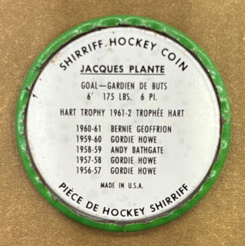 1962-63 Shirriff Coins #59 Jacques Plante Hart Hockey Coin Vintage V104735 Image 2