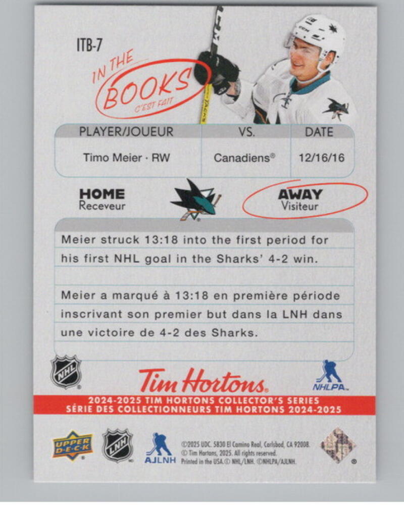 2024-25 UD Tim Hortons Rookie Retrospective In the Books Timo Meier V104771 Image 2