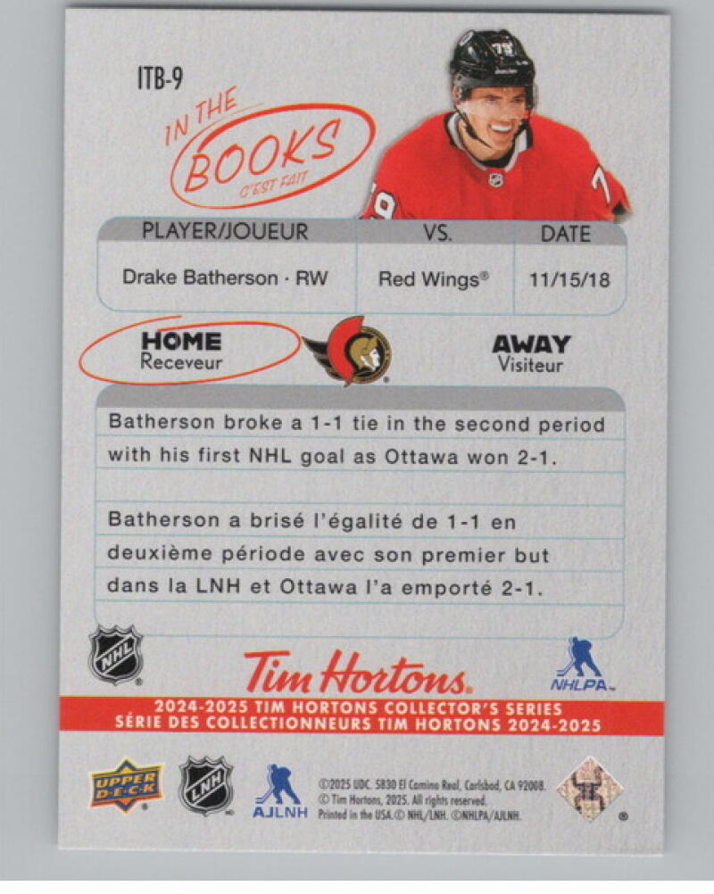 2024-25 UD Tim Hortons Rookie Retrospective In the Books Drake Batherson V104772  Image 2