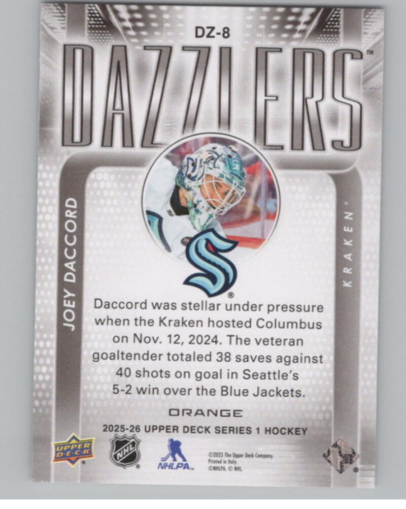 2025-26 Upper Deck Dazzlers Orange #DZ8 Joey Daccord V104784 Image 2