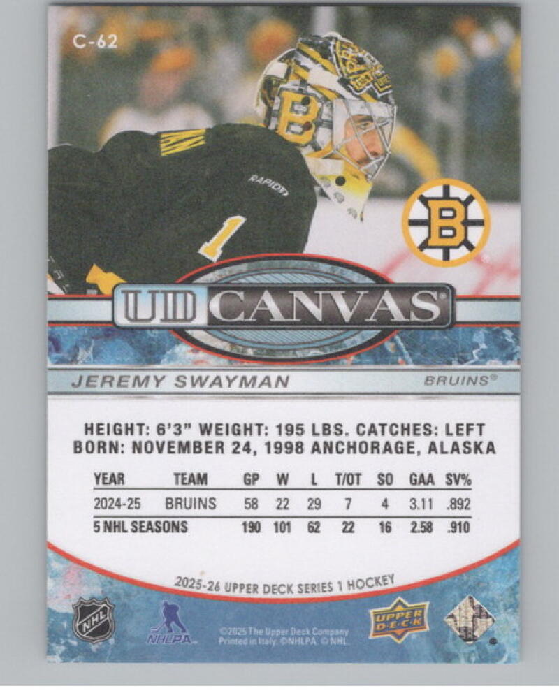 2025-26 Upper Deck UD Canvas #C62 Jeremy Swayman Hockey V104801 Image 2