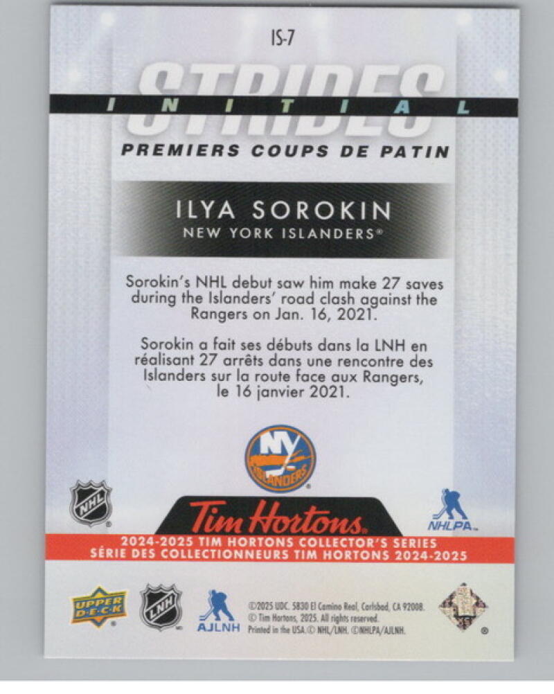 2024-25 UD Tim Hortons Rookie Retrospective Strides #IS7 Ilya Sorokin V104823 Image 2