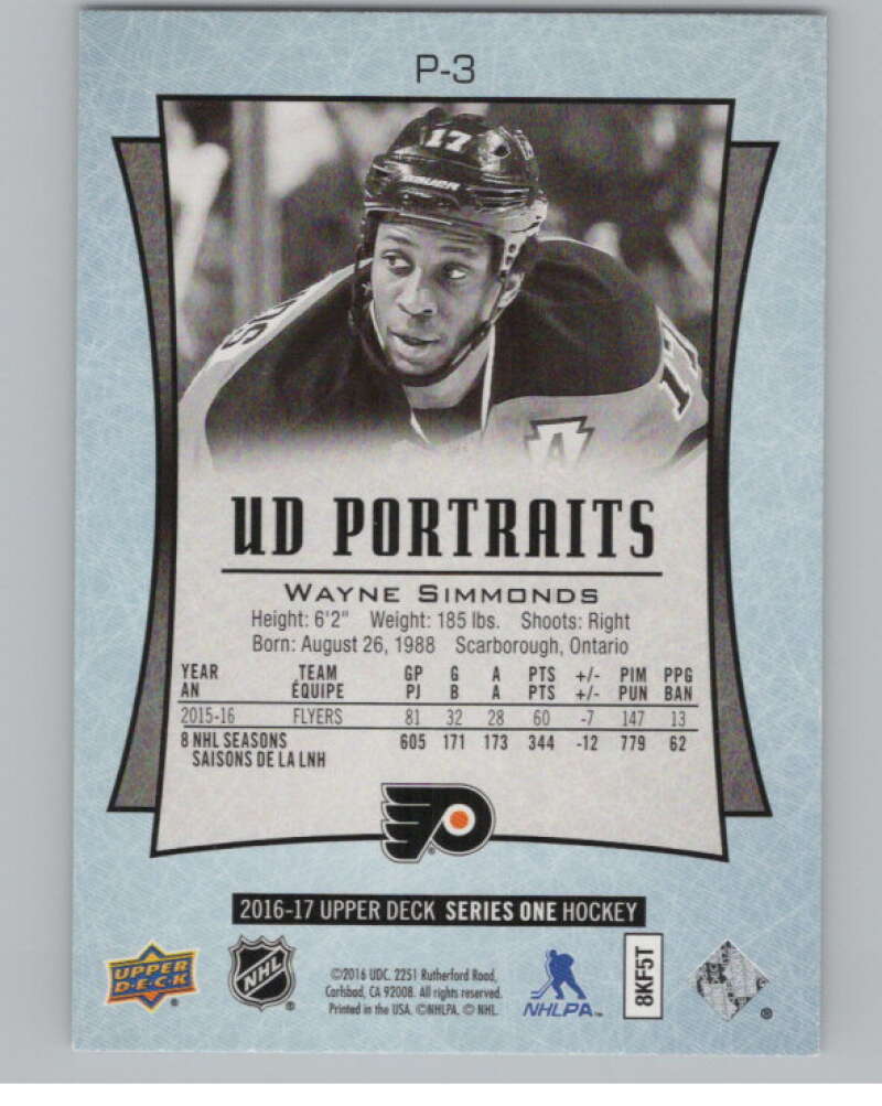 2016-17  UD Portraits #P-3 Wayne Simmonds   Philadelphia Flyers  V104837 Image 2